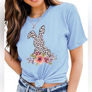 Easter Light Blue Leopard Bunny Floral Short Sleeve Tee